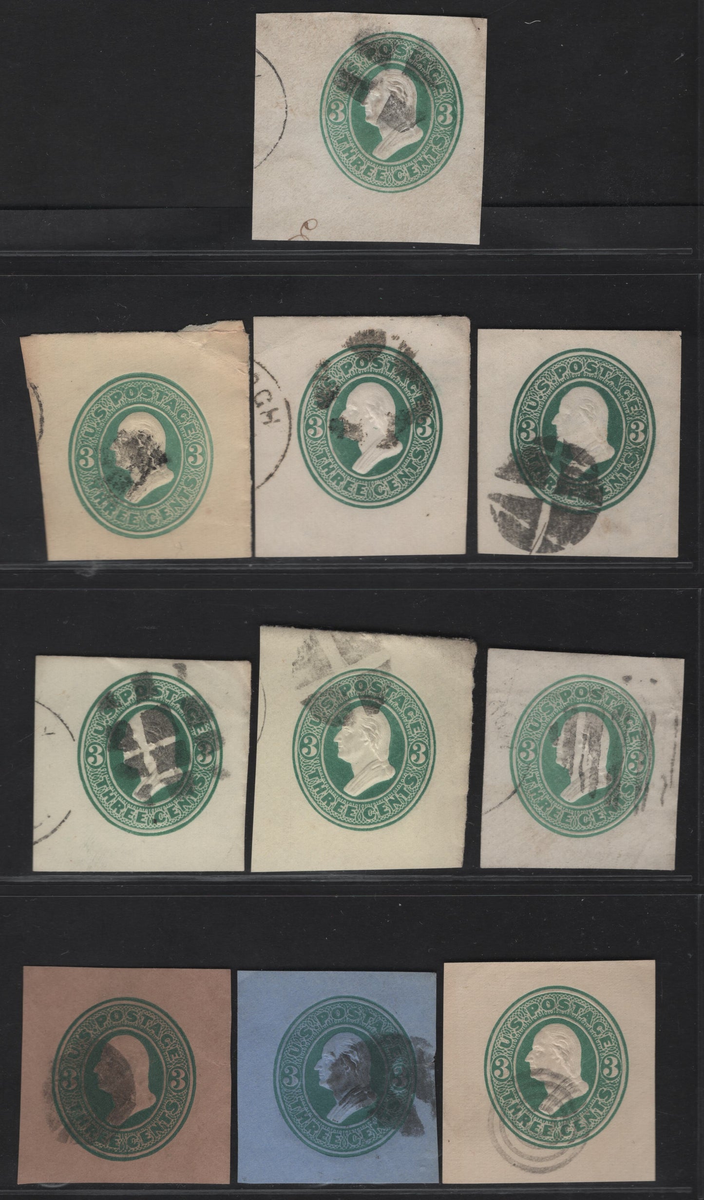 United States SC#U163-U167 3c Green Franklin, 1874-1886 Plimpton Issue, 12 Very Fine Used Singles, White, Amber, Cream, Blue & Fawn Papers, Thicker 3's With 4 Shades Of Green, 3 Shades Of The Amber