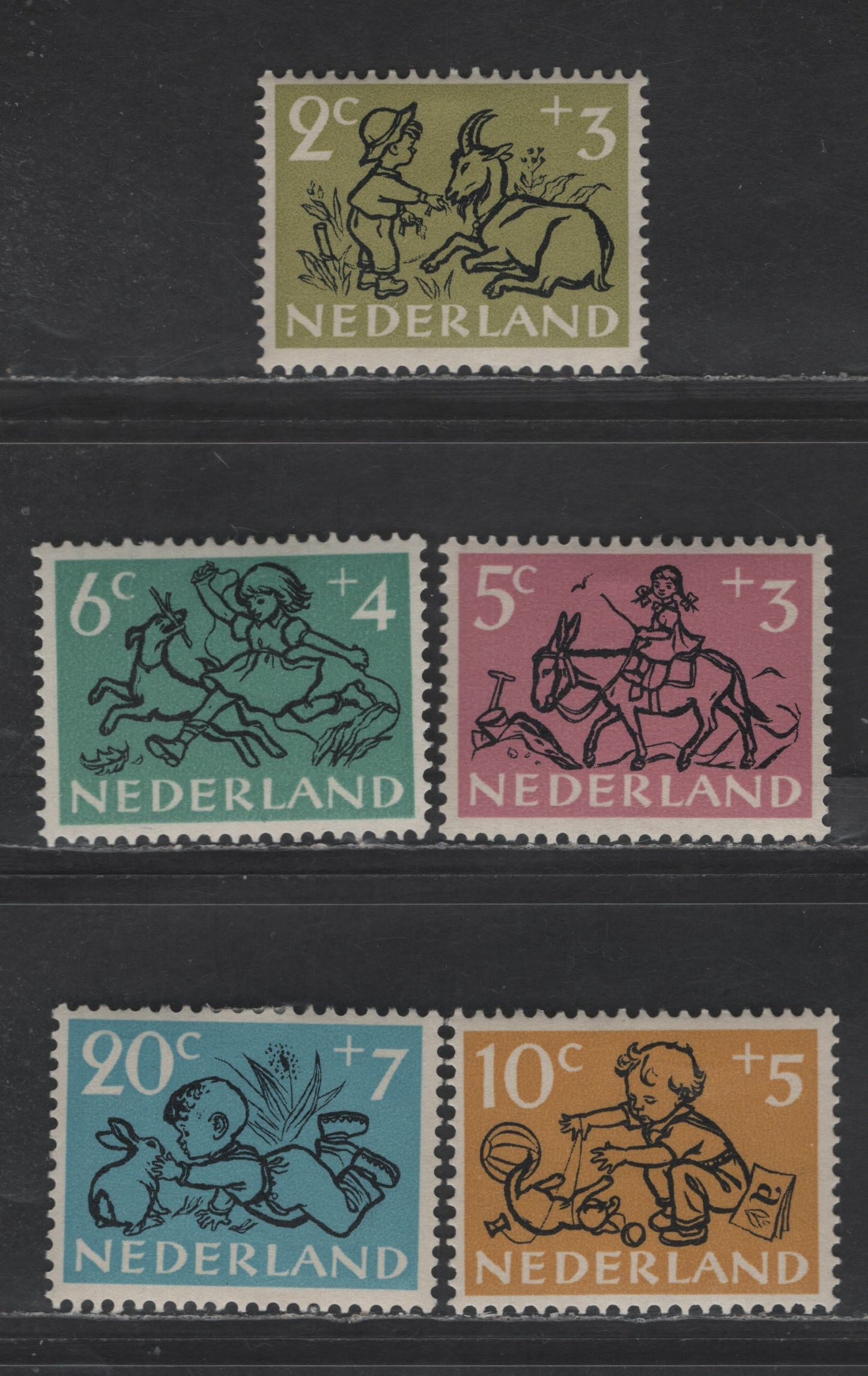 Netherlands SC#B243-B247 2c+3c - 20c+7c Olive - Blue Girl & Dog - Boy & Rabbit, 1952 Semi Postal Issue, 5 VFOG Singles