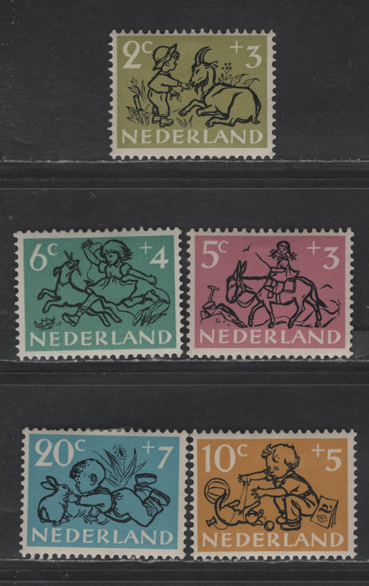Netherlands SC#B243-B247 2c+3c - 20c+7c Olive - Blue Girl & Dog - Boy & Rabbit, 1952 Semi Postal Issue, 5 VFOG Singles