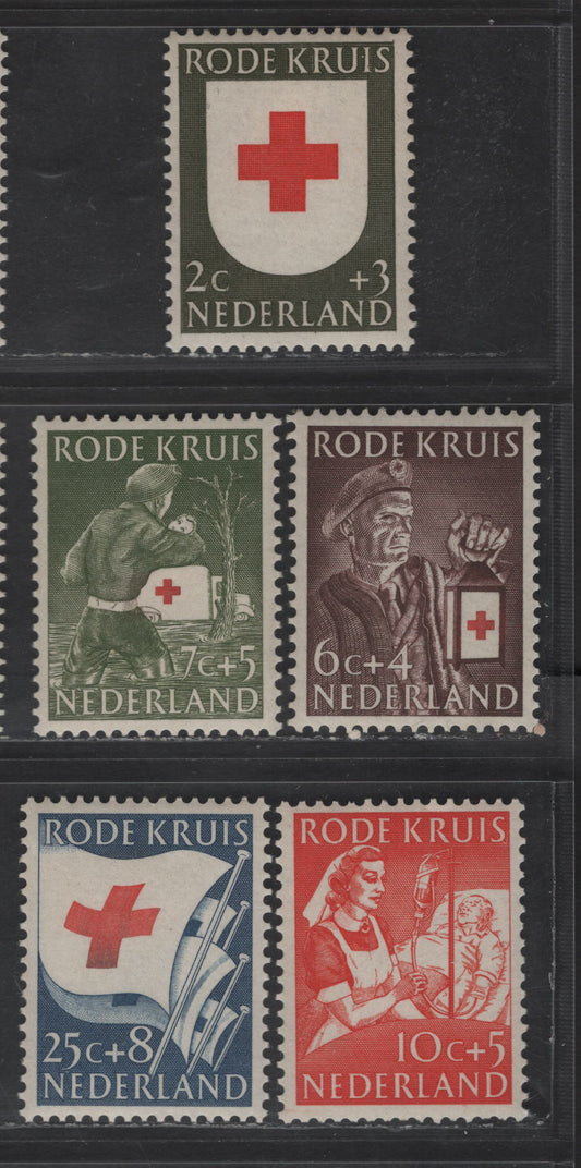 Lot 346 Netherlands SC#B254-B258 2c+3c - 25c+8c Dark Olive - Deep Blue Red Cross on Shield - Red Cross Flags, 1953 Semi Postal Issue, 5 VFNH Singles