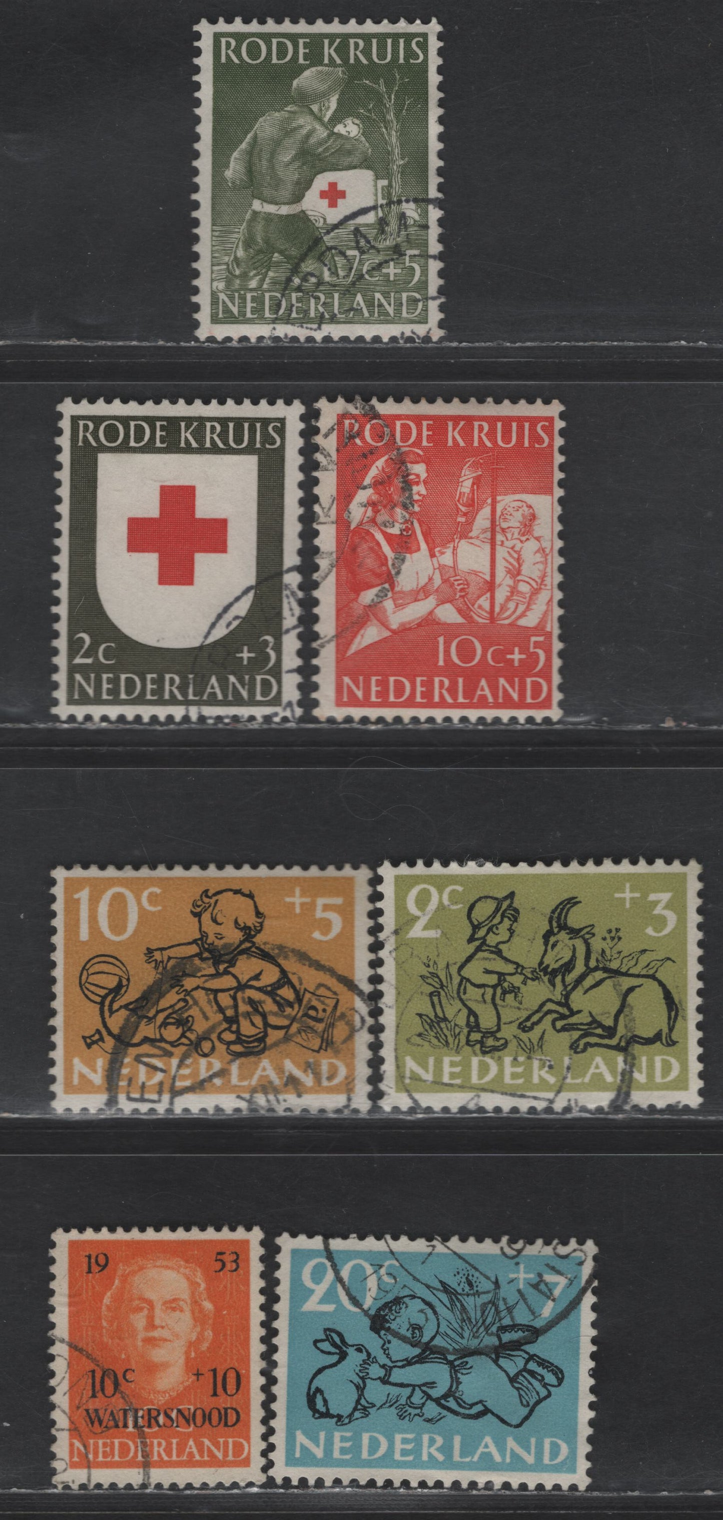 Netherlands SC#B243, B246-B248, B254, B256-B257 2c+3c - 10c+5c Olive - Red Girl & Dog - Nurse Giving Blood Transfusion, 1952-1953 Semi Postal Issues, 7 Very Fine Used Singles