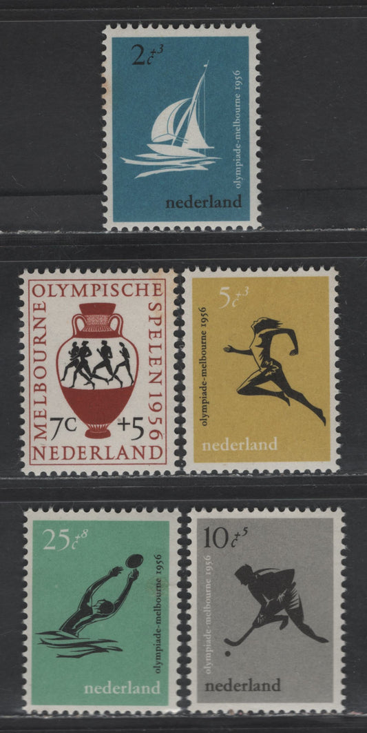 Lot 358 Netherlands SC#B296-B300 2c+3c - 25c+8c Bright Blue & Black Sailboat - Waterpolo Player, 1956 Semi Postal Issue, 5 VFNH Singles
