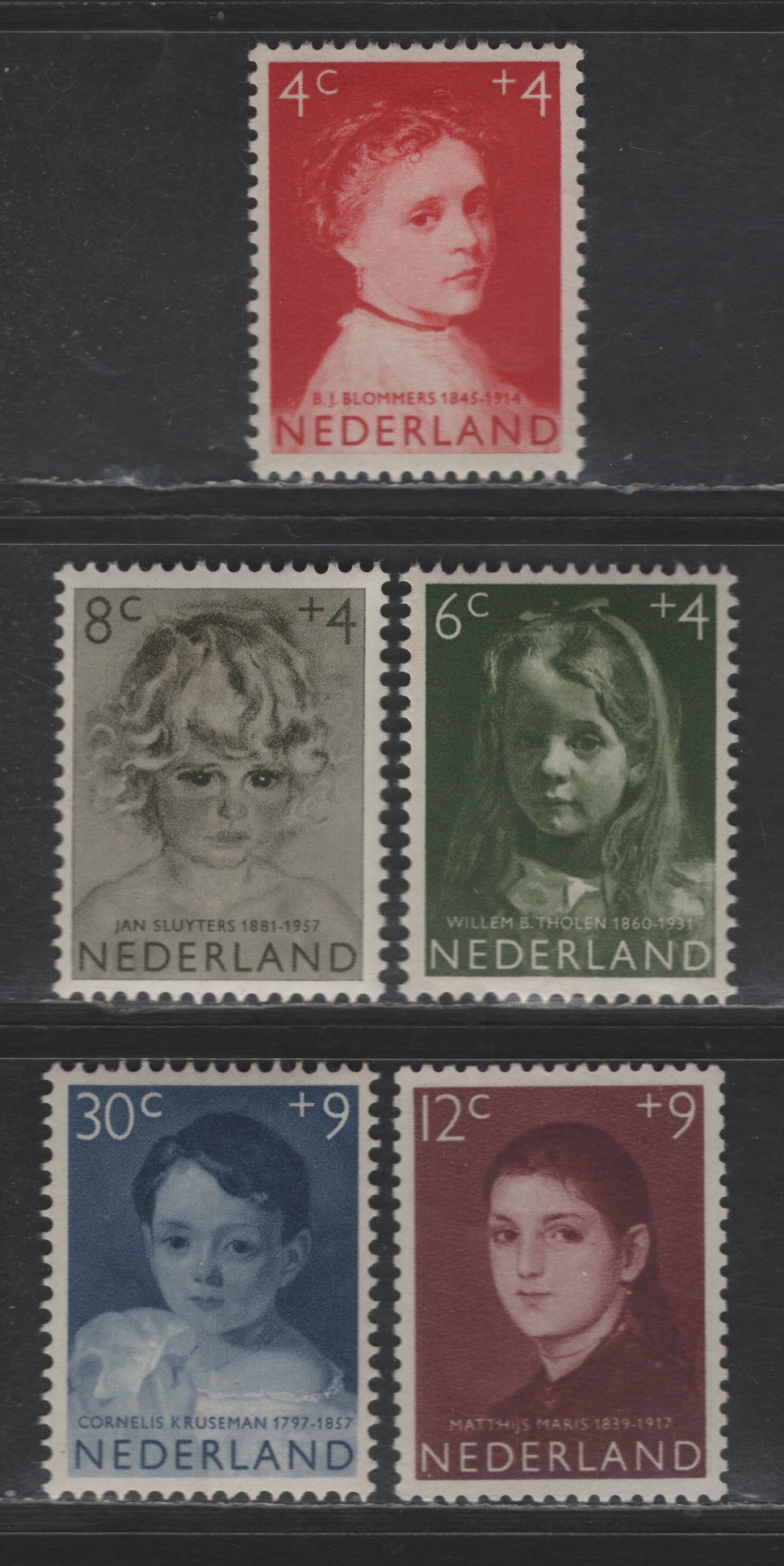 Lot 365 Netherlands SC#B316-B320 4c+4c - 30c+9c Deep Carmine - Dark Blue Girl by B.J. Blommers - Cornelis Kruseman, 1957 Semi Postal Issue, 5 VFOG Singles