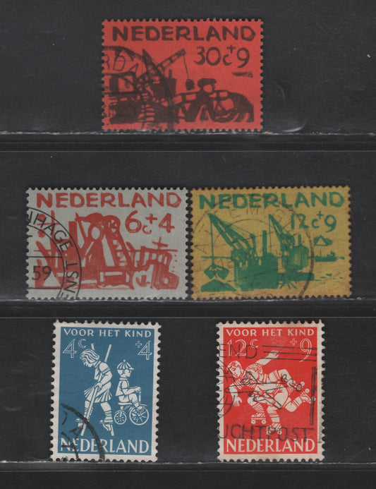 Netherlands SC#B326, B329, B332, B334-B335 4c+4c - 30c+9c Light Blue - Dark Brown on Brick Red Girl on Stilts & Boy on Tricycle - Sand Spouter, 1958-1959 Semi Postal Issue, 5 Very Fine Used Singles