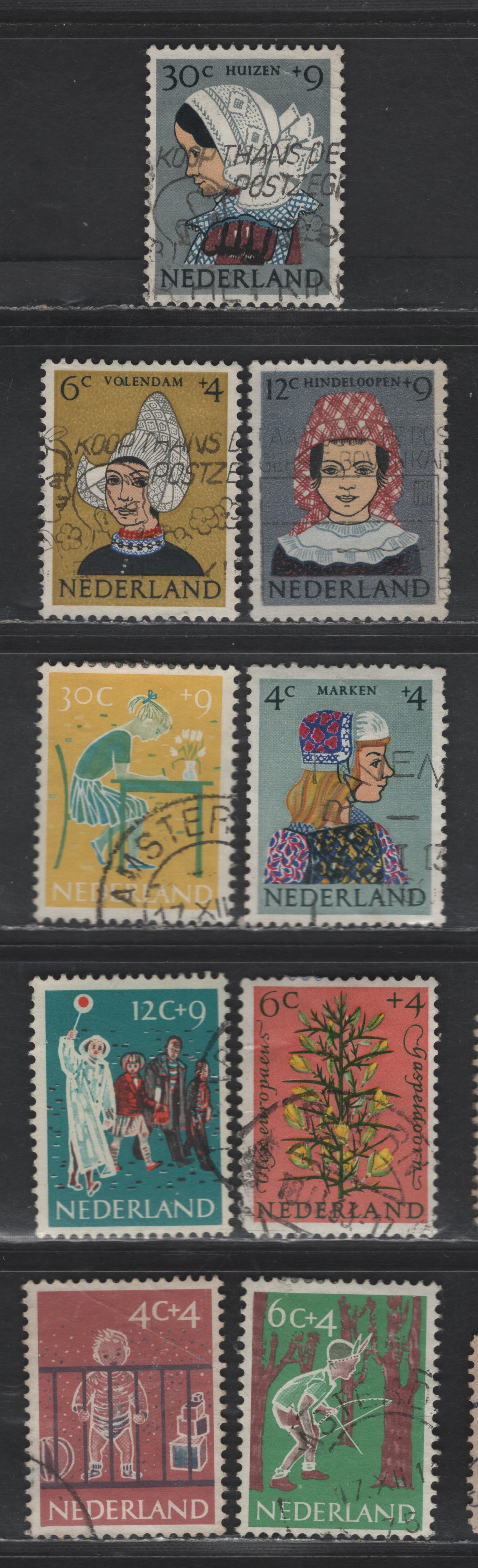 Netherlands SC#B336-B337, B339-B340, B344, B348-B349, B351-B352 4c+4c - 30c+9c Deep Rose & Dark Blue - Multicolored Child In Playpen - Girl From Huizen, 1959-1960 Semi Postal Issues, 9 Very Fine Used Singles