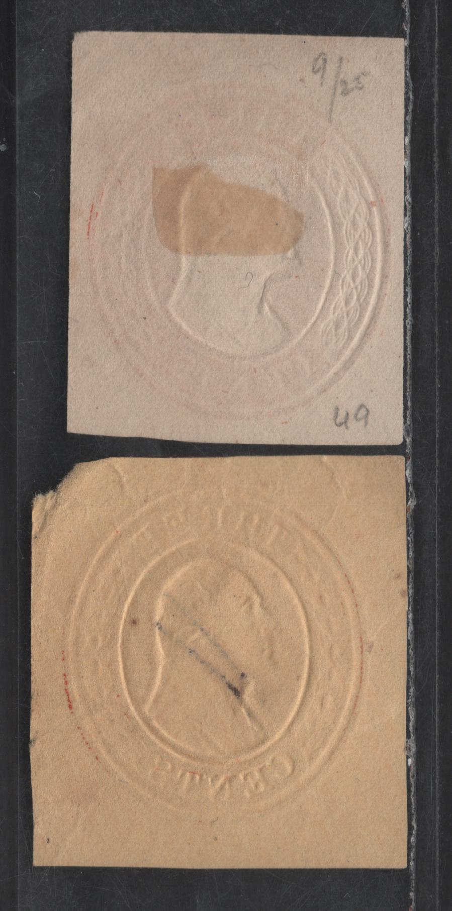 United States SC#U9, U9var 3c Red Washington, 1853-1855 Nesbitt Issue, 2 Fine Used Singles, White & Unlisted Pale Yellow Papers, 14.5mm Label At Top