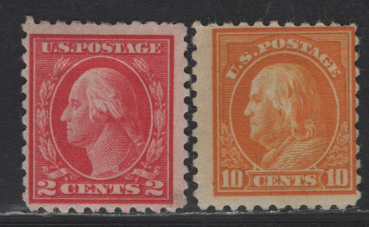 United States Of America SC#463, 472 2c, 10c Rose Carmine, Orange Yellow George Washington, 1908-1920 Washington-Franklin Issue, 2 Fine OG Singles Perf. 10, Unwatermarked