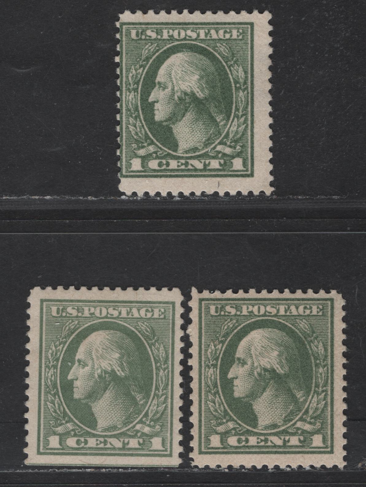 Lot 434 United States Of America SC#536 1c Grey Green Shades George Washington, 1908-1920 Washington-Franklin Issue, 3 VF & Fine OG Singles Perf. 12.5, Offset Printing, Three Different Shades