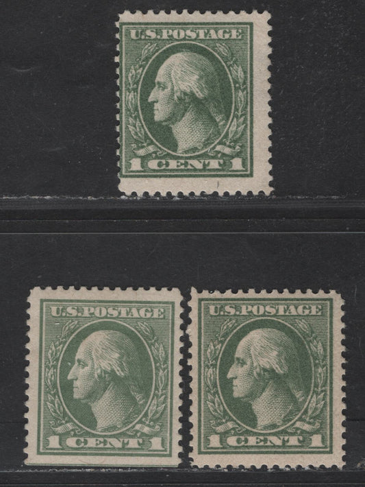 Lot 434 United States Of America SC#536 1c Grey Green Shades George Washington, 1908-1920 Washington-Franklin Issue, 3 VF & Fine OG Singles Perf. 12.5, Offset Printing, Three Different Shades
