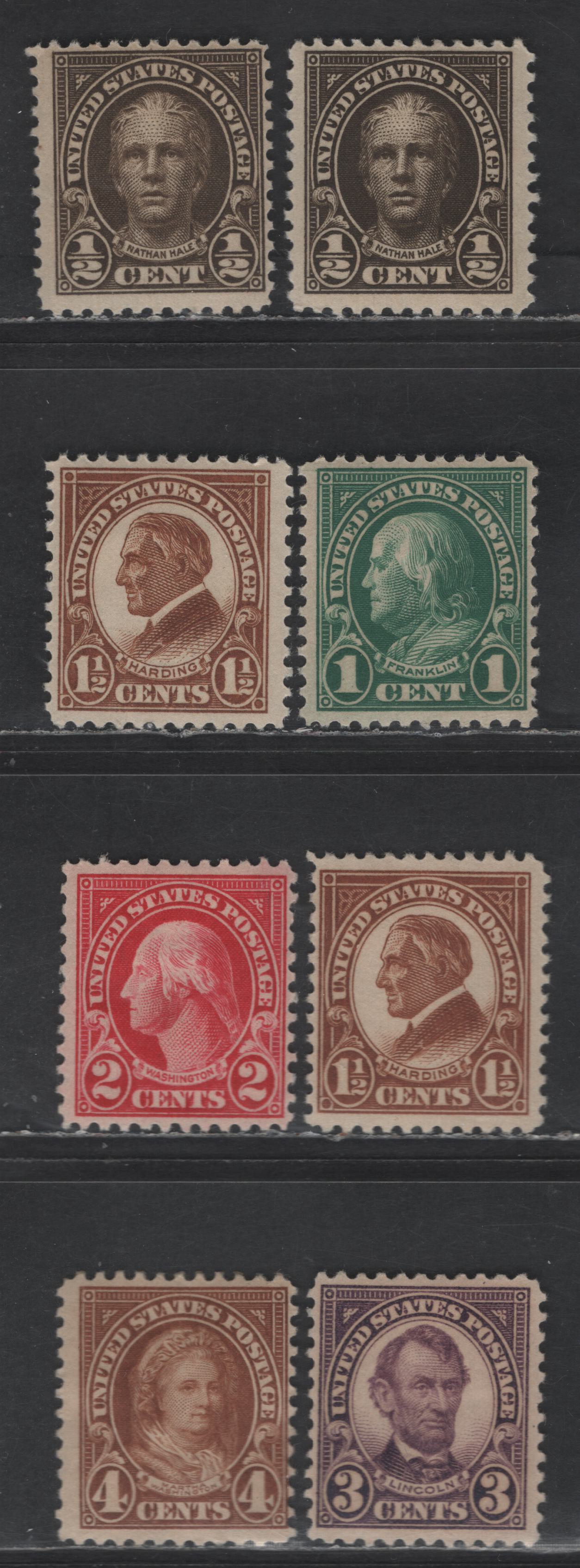Lot 449 United States SC#551-556 1/2c - 4c Olive Brown - Yellow Brown Nathan Hale - Martha Washington, 1922-1925 Presidents Issue, 8 FOG Singles, Unwatermarked, Perf 11, Some Shade Variations
