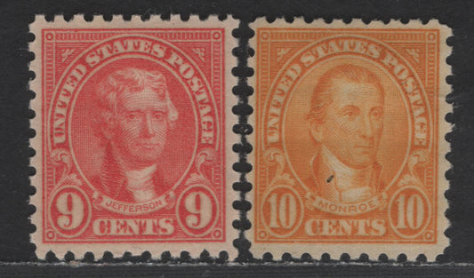 Lot 462 United States SC#590-591 9c -10c Rose - Orange Jefferson - Monroe, 1923-1926 Presidents Issue, 2 F/VFOG Singles, Perf 10, Stamp Designs 19.5x22.5mm
