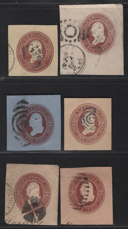 United States SC#U277-U282 2c Brown Jackson, 1884-1886 Heads Issue, 6 Very Fine Used Singles, White, Amber, Oriental Buff, Blue, Fawn & Manilla, Two Wavy Lines in Oval