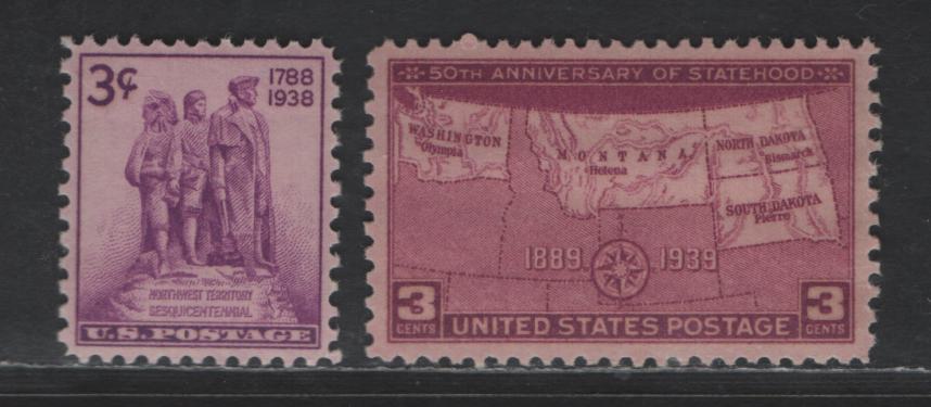 United States SC#837, 858 3c - 3c Bright Rose Purple - Rose Purple Colonization of the West - Map Of North/South Dakota, Montana & Washington, 1938-1939 NW territory Sesquicentennial - 50th Anniv of Dakota Statehood Issues, 2 SUP NH Singles