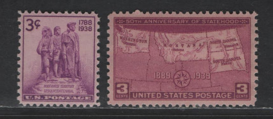 United States SC#837, 858 3c - 3c Bright Rose Purple - Rose Purple Colonization of the West - Map Of North/South Dakota, Montana & Washington, 1938-1939 NW territory Sesquicentennial - 50th Anniv of Dakota Statehood Issues, 2 SUP NH Singles
