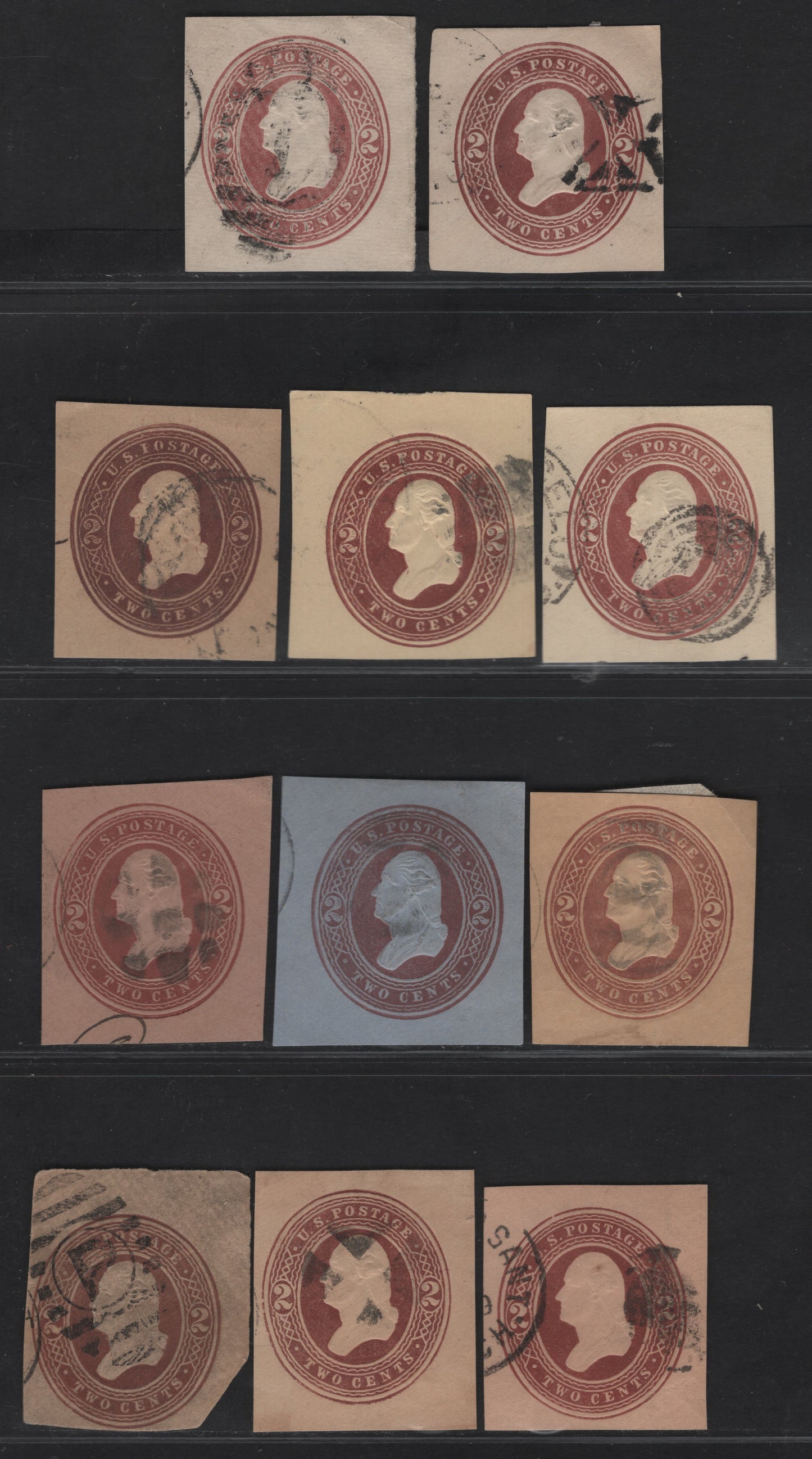 Lot 49 United States SC#U277-U282, W283 2c Brown Jackson, 1884-1886 Heads Issue, 11 Fine Used Singles, As Lot 58, Shade Variations Of The Brown