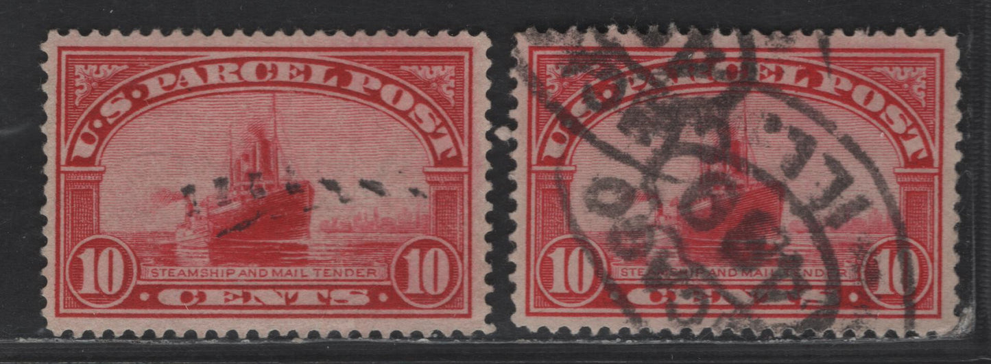 United States SC#Q6 10c Carmine & Carmine Rose , 1913 Parcel Post Issue, 2 Very Fine Used Singles, Single Lined USPS Wmk
