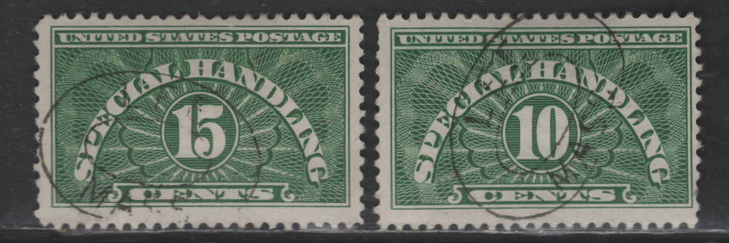 United States SC#QE1a, QE2a 10c - 15c Green Numeral, 1925-1955 Special Handling Issue, 2 Fine Used Singles, Dry Printings
