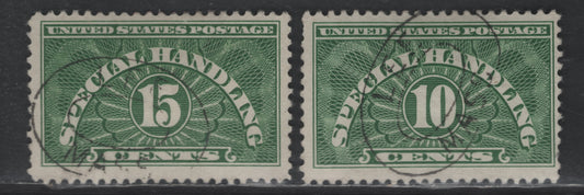 Lot 533 United States SC#QE1a, QE2a 10c - 15c Green Numeral, 1925-1955 Special Handling Issue, 2 Fine Used Singles, Dry Printings