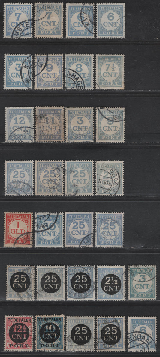 Lot 540 Netherlands SC#J61-J71, J73-J75, J77-J79 3c - 12.5c on 5c Pale Ultramarine - Carmine Numerals, 1921-1938 Postage Dues, 16 Fine/Very Fine Used Singles, Perfs 12.5 & 13.5x12.5