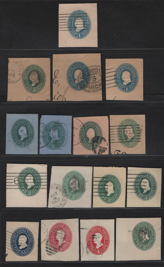 United States SC#U294, U300, W301, U315, U313-a, U314-a, U312-a, U311, U311a,U324-a, U334 1c, 2c, 4c & 5c Blue, Green, Carmine & Blue Franklin - Grant, 1887-1894 Heads Issue, 16 Very Fine Used Singles, Various Papers