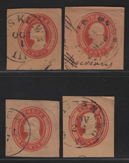 United States SC#U10 3c Red & Rose Washington, 1853-1855 Nesbitt Issue, 3 Very Fine Used Singles, Buff, Rosy Buff & Yellowish Papers, Curved Lines At Ends Of Labels, Buff With Curved Lines Omitted