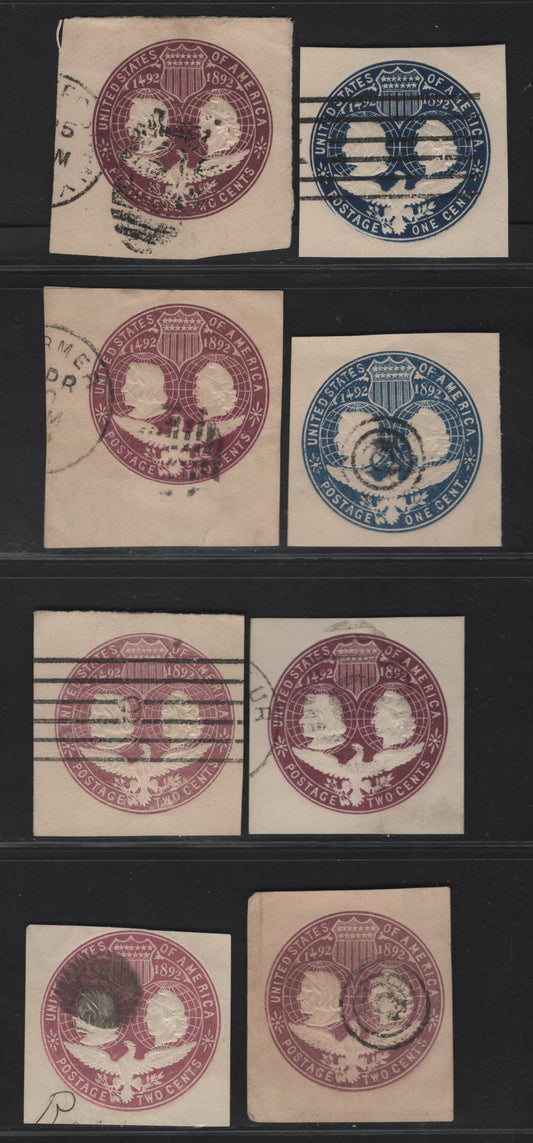 Lot 62 United States SC#U348-U349 1c - 2c Blue, Dark Blue,Violet & Lilac Columbus & Liberty, 1893 Columbus Exposition Issue, 8 Fine/Very Fine Used Singles