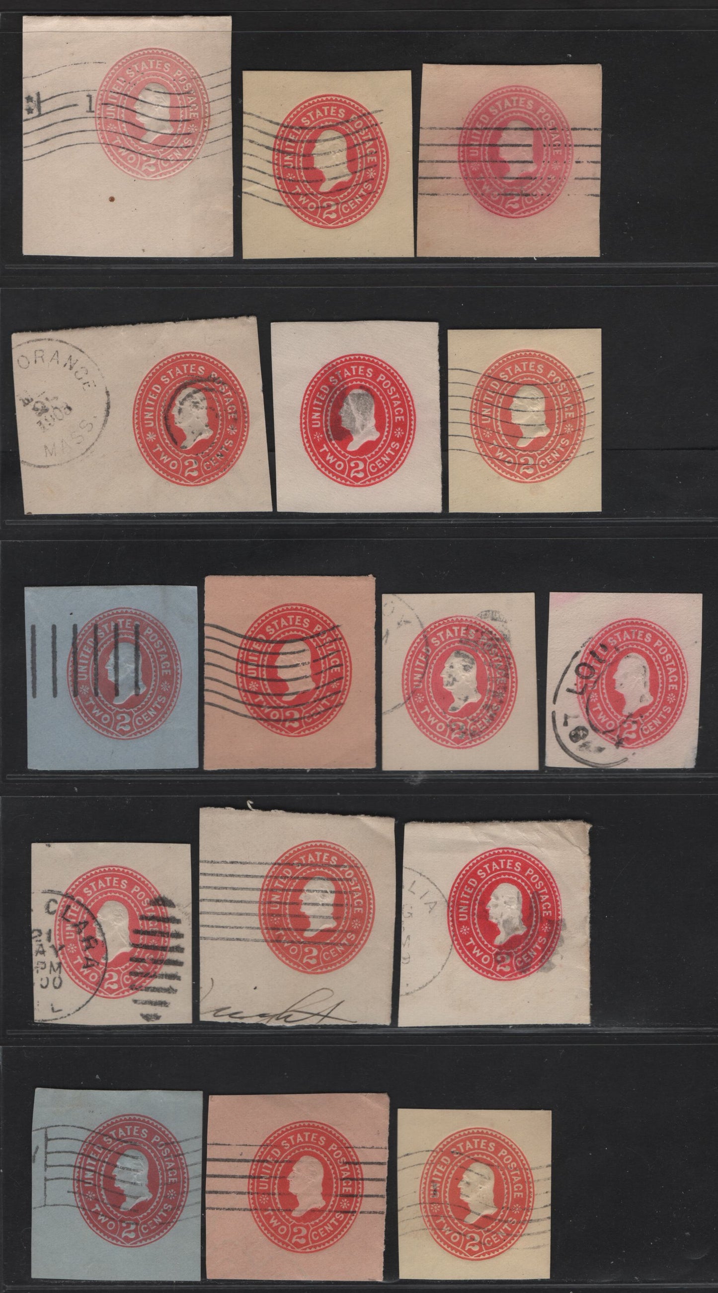 United States SC#U358, U362-U363, W366, U364-U365, U367-U370 2c Carmine & Rose Washington, 1899 Heads Issue, 16 Fine/Very Fine Used Singles, Dies 1-3, White, Manilla, Amber, White, Oriental Buff & Blue