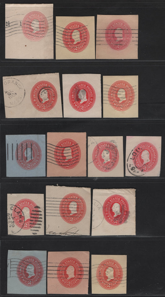 United States SC#U358, U362-U363, W366, U364-U365, U367-U370 2c Carmine & Rose Washington, 1899 Heads Issue, 16 Fine/Very Fine Used Singles, Dies 1-3, White, Manilla, Amber, White, Oriental Buff & Blue