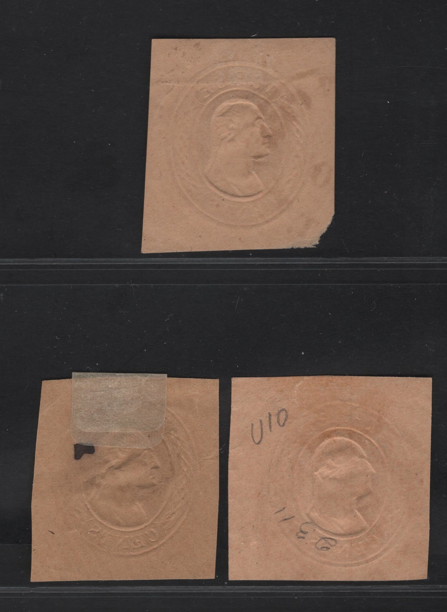Lot 7 United States SC#U10 3c Red Washington, 1853-1855 Nesbitt Issue, 2 Very Fine Used Singles, Buff & Grayish Buff Papers, 14.5mm Label With Curved Lines At Ends, Buff With Curved Lines Omitted