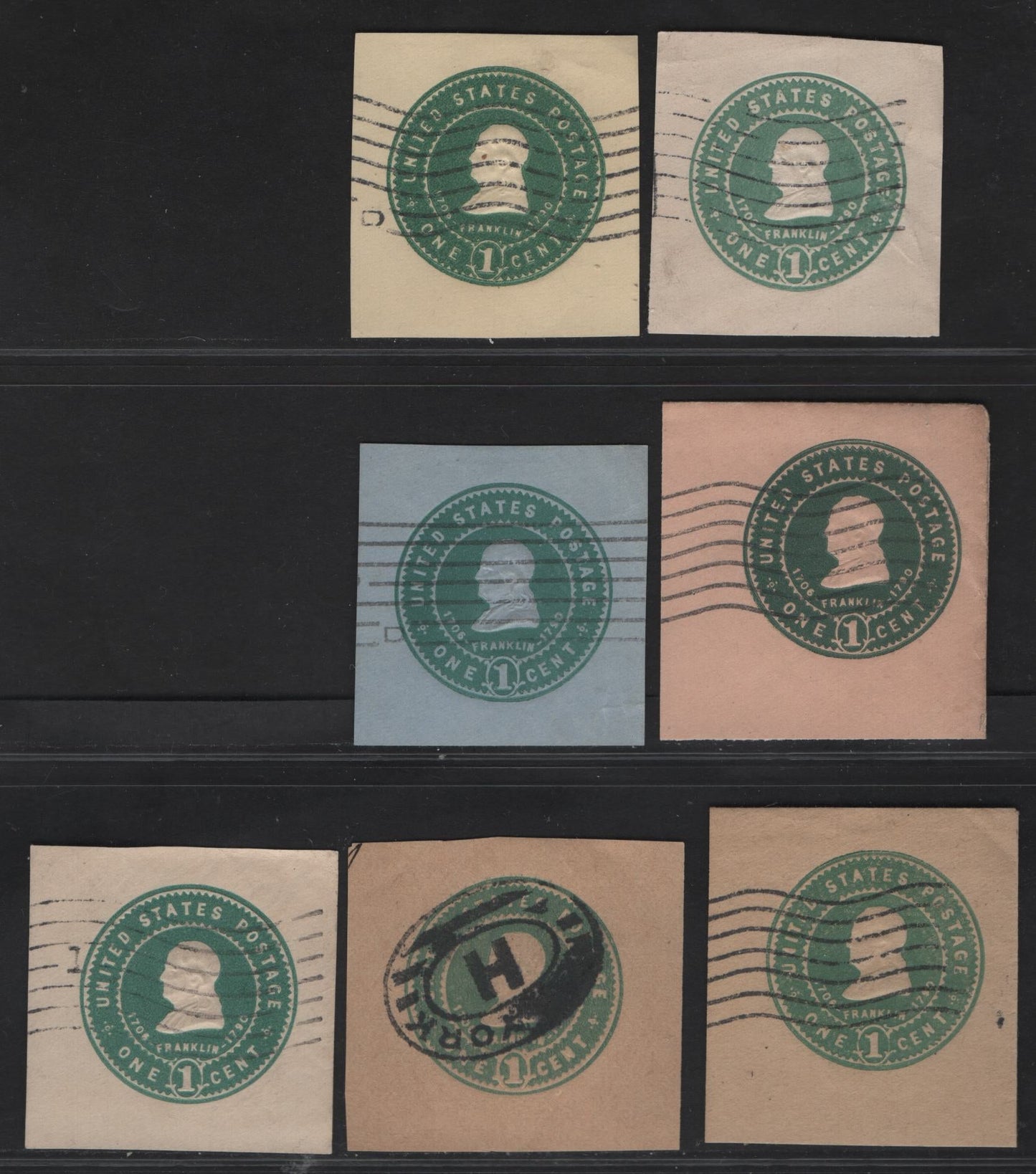 Lot 71 United States SC#U379-U383, W384 1c Green, Amber, Oriental Buff, Blue & Manilla Franklin, 1903 Heads Issue, 7 Very Fine Used Singles, White, Amber, Oriental Buff, Blue & Manilla, Extra Shade Of Green on White & Wrapper on Manilla