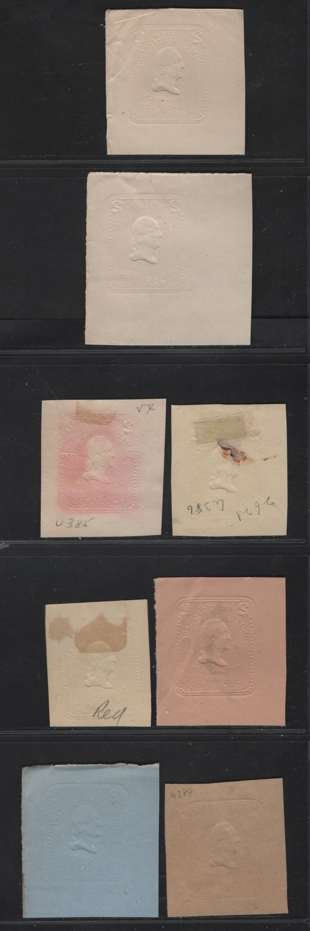 Lot 72 United States SC#U385-b, U386,b, U387-W389 2c Carmine - Pink Washington, 1903 Heads Issue, 8 Fine/Very Fine Used Singles, White, Amber, Oriental Buff, Blue & Manilla Papers, All Die 1
