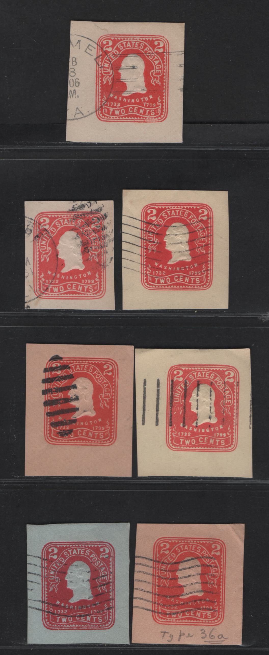 United States SC#U395-a, U396-a, U397-a, U398 2c Carmine - Pink Franklin, 1904 Heads Issue, 7 Fine/Very Fine Used Singles, White, Amber, Oriental Buff & Blue, Recut Die