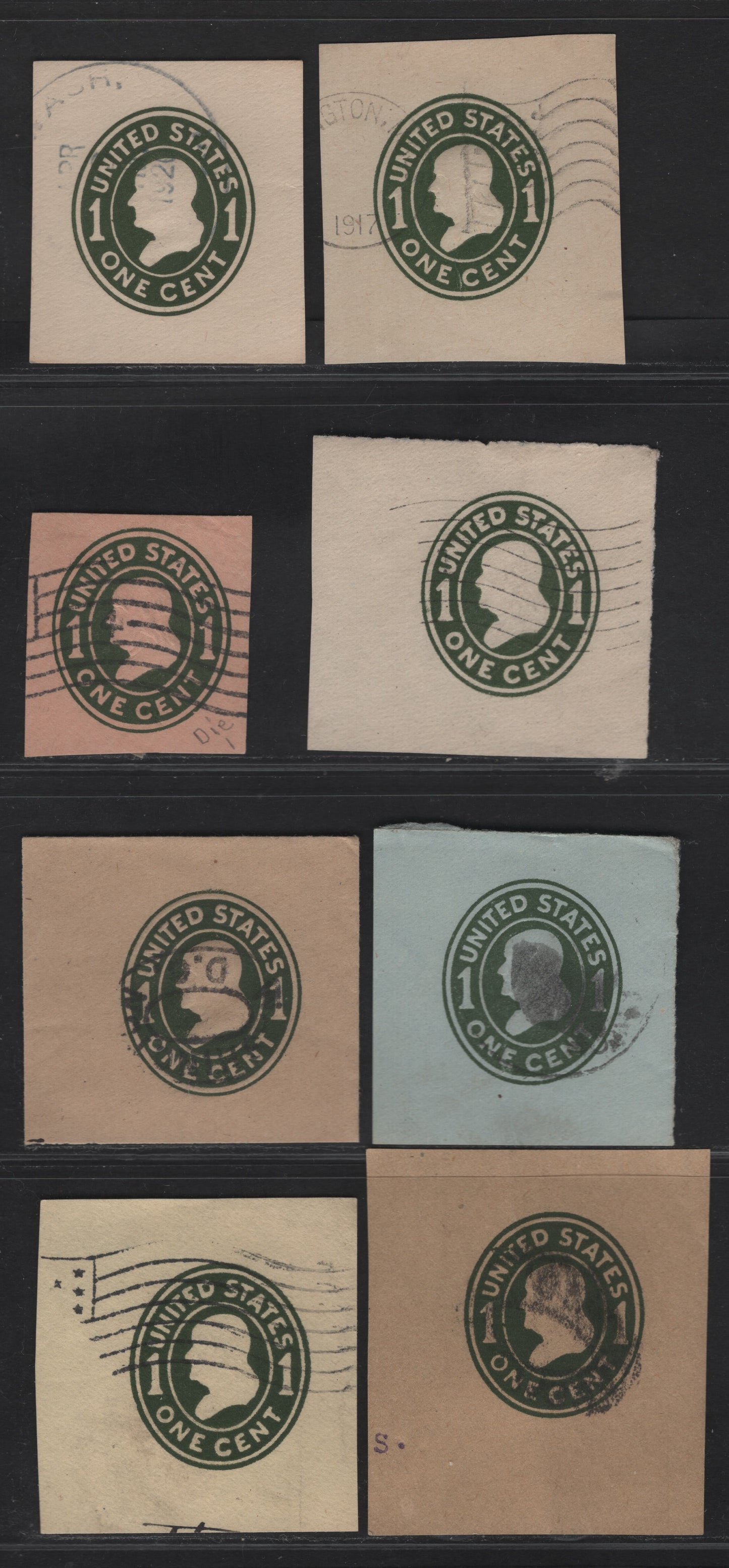 United States SC#U400,b, U402c, U403, U404, W405, U401 1c Green Franklin, 1907-1916 Heads Issue, 8 Very Fine Used Singles, Various Papers & Dies