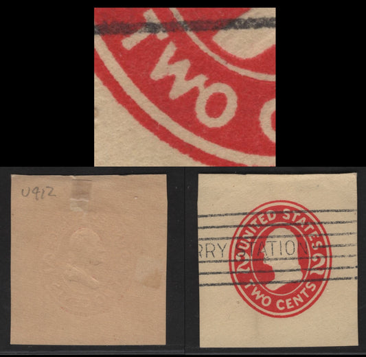 Lot 92 United States SC#U412var 2c Carmine Franklin, 1907-1916 Heads Issue, A Very Fine Used Single Amber Laid, Die 1, WO of TWO Joined, Unlisted, Normal for Comparison