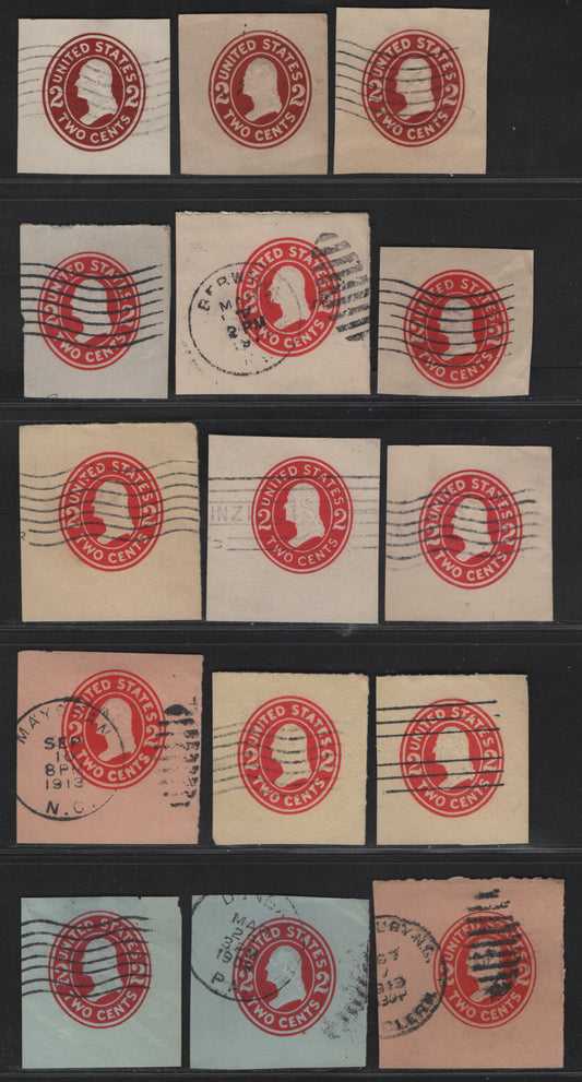Lot 93 United States SC#U406-b, U411e, U411b,d, U412, U411c, U412a,d, U413-a, U414-a 2c Brown Red - Carmine Franklin, 1907-1916 Heads Issue, 15 Very Fine Used Singles, Various Papers & Dies