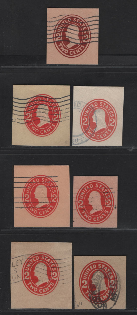 United States SC#U408b, U411b, U412c, U413c,e, U415,b 2c Brown Red & Carmine Franklin, 1907-1916 Heads Issue, 7 Fine/Very Fine Used Singles, Various Papers & Dies