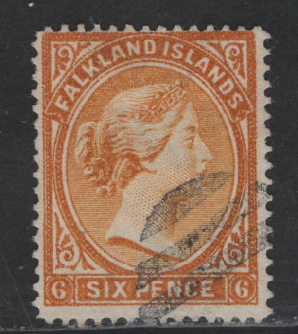 Lot 101 Falkland Islands SG#33x 6d Orange Yellow Queen Victoria, 1903-1907 Bradbury Wilkinson Queen Victoria Issue, A Fine Used Single, Reversed Wmk