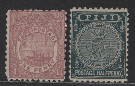 Lot 103 (C) Fiji SG#88, 99 1c - 1/2d Pale Mauve - Greenish Slate Emblems, 1891-1898 Emblems Issue, 2 F/VFOG Singles, Perf 11 & 11x11.75