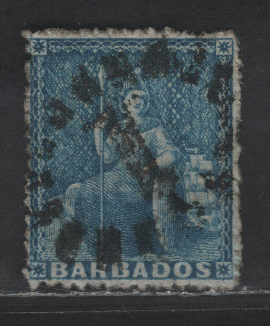 Lot 11 Barbados SG#44 1d Blue Britannia, 1870-1871 Britannia Issue, A Very Fine Used Single, Rough Perf 14-16, Large Star Wmk, Lovely Cancel & VF Centering For This Issue