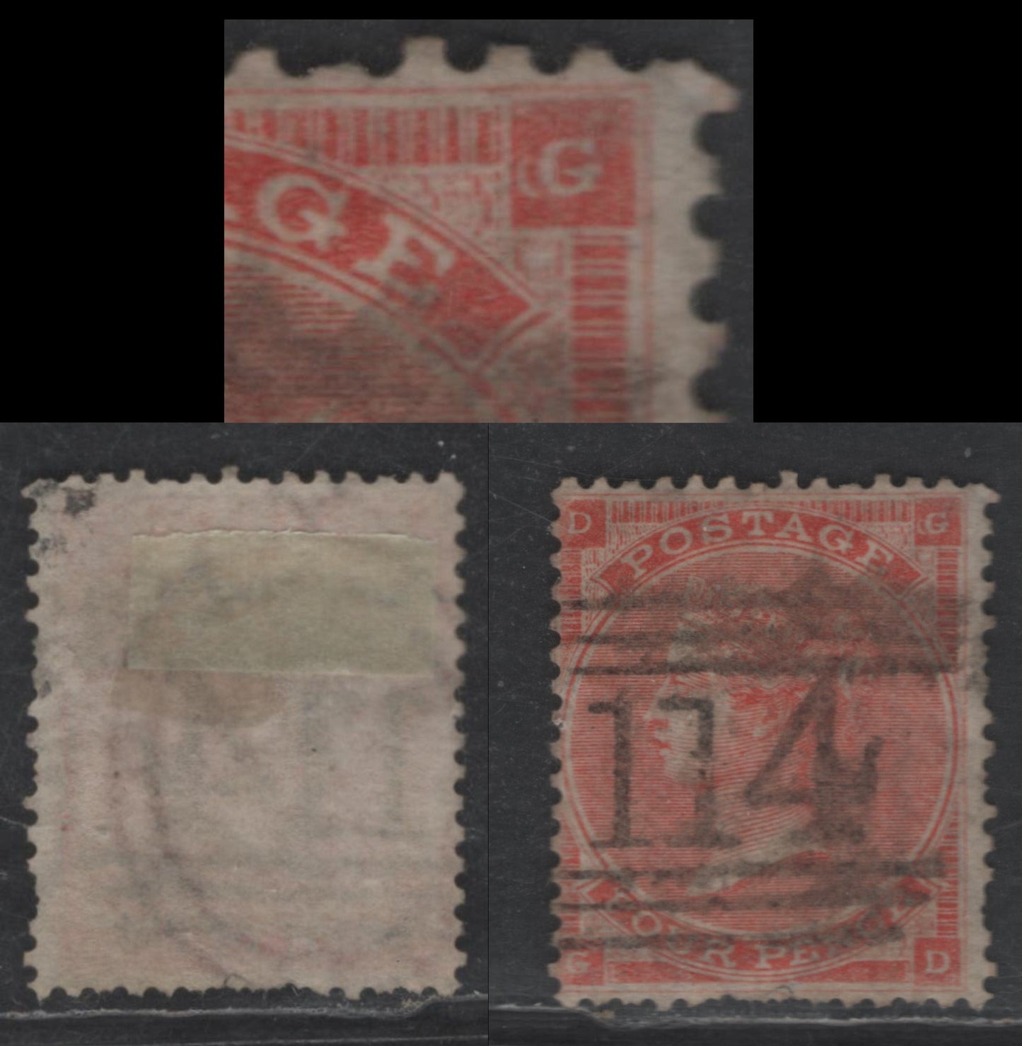 Lot 121 Great Britain SG#79var 4d Bright Red Queen Victoria, 1862-1864 Surface Printed Issue, A Fair Used Single, Small Uncolored Letters, Large Garter Wmk, Unlisted Are To Left Of 'C'