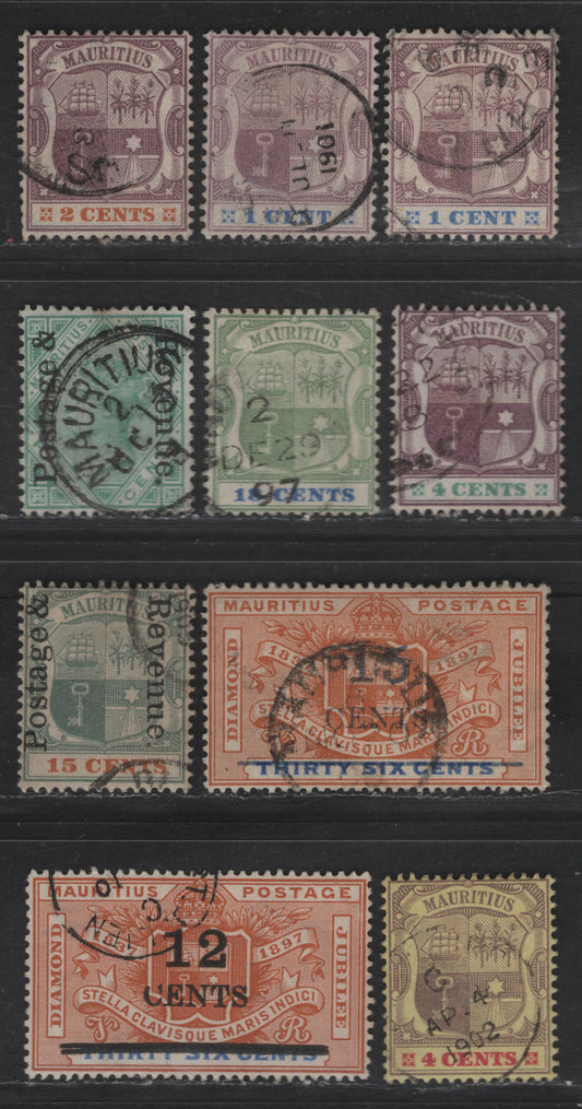 Lot 138 (C) Mauritius SG#127-128, 130, 132, 135, 141, 159, 161, 163 1c -12c on 36c Dull Purple & Ultramarine - Orange & Ultramarine Queen Victoria, 1895-1900 Arms & Surcharge Issues, 10 Fine/Very Fine Used Singles, Two Shades Of 1c