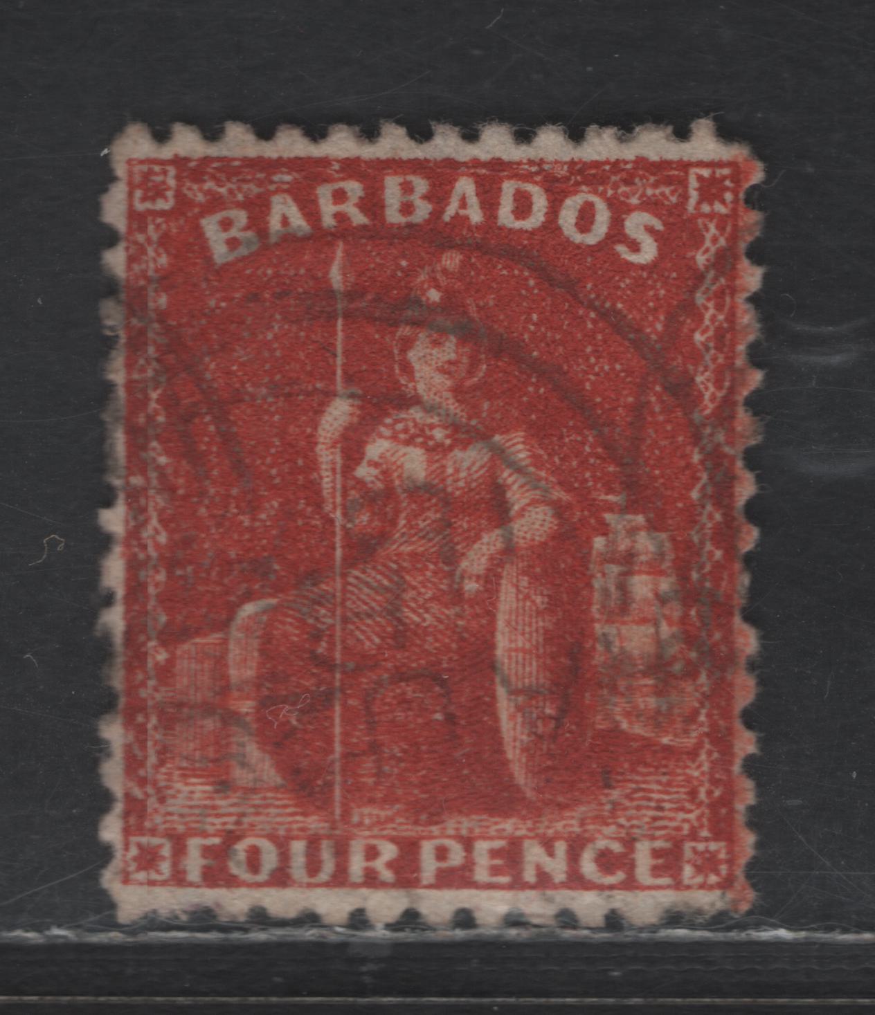 Lot 14 (C) Barbados SG#68x 4d Deep Red Britannia, 1875-1881 Britannia Issue, A Very Fine Used Single, Crown CC Reversed Wmk