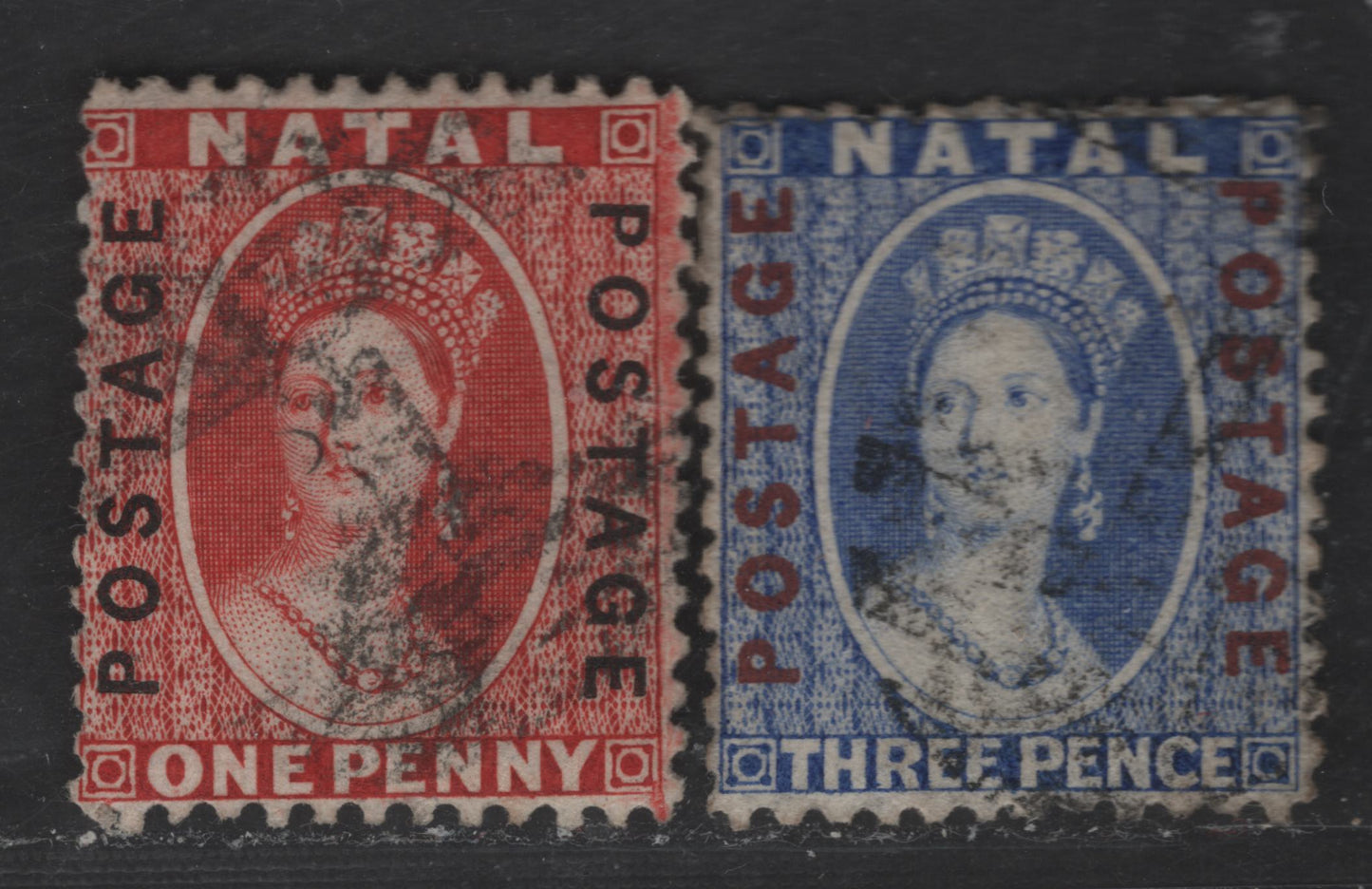 Lot 143 (C) Natal SG#60, 61 1d - 3d Bright Red - Bright Blue Queen Victoria, 1870-1873 Postage Due Issue, 2 Fine/Very Fine Used Singles