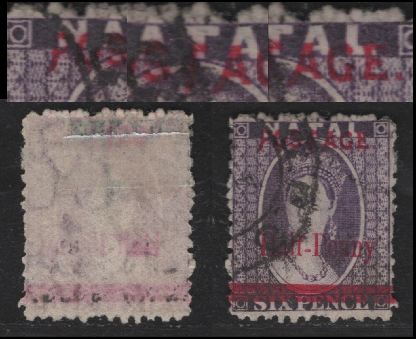 Lot 144 Natal SG#114ka 1/2d on 6d Violet Queen Victoria, 1895 Postage Surcharge Issue, A Very Fine Used Single, Long P,T & A, Comma After Postage