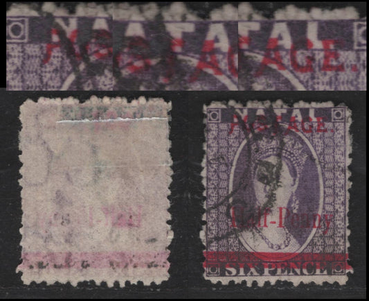 Lot 144 Natal SG#114ka 1/2d on 6d Violet Queen Victoria, 1895 Postage Surcharge Issue, A Very Fine Used Single, Long P,T & A, Comma After Postage
