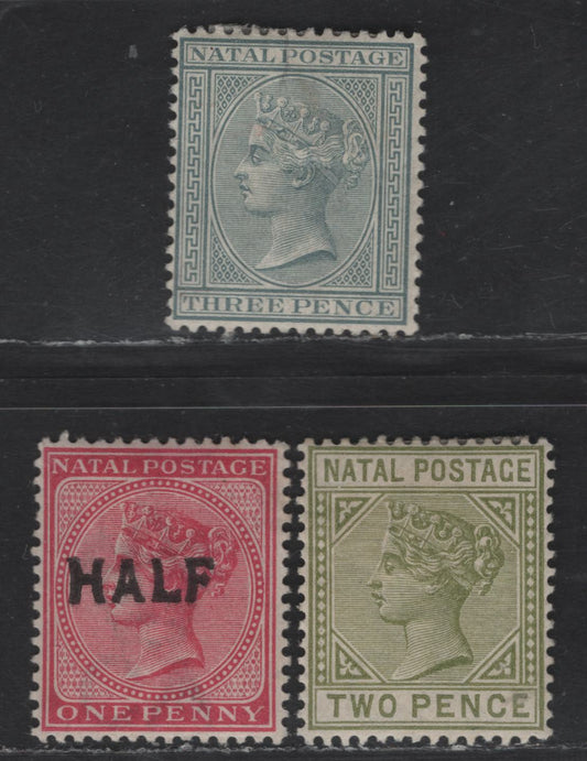 Lot 145 Natal SG#101, 107, 125 2d - 1/2d on 1d Olive Green - Rose Queen Victoria, 1882-1895 Queen Victoria Keyplate Issue, 3 VFOG Single, Crown CA Wmks