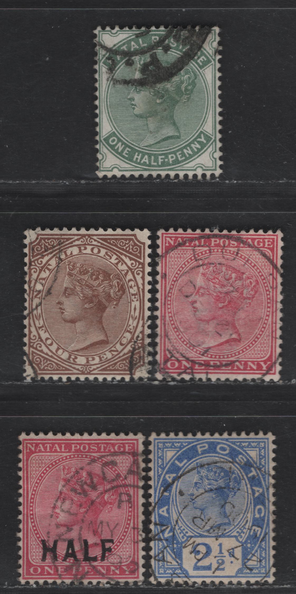 Lot 146 (C) Natal SG#97a, 99, 102, 113, 125 1/2d - 4d Dull Green - Brown Queen Victoria, 1882-1895 Queen Victoria Keyplate Issue, 5 Very Fine Used Singles, Crown CA Wmks