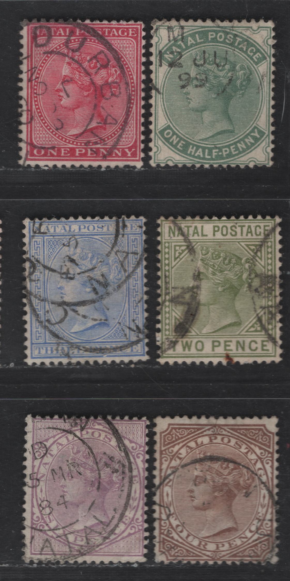 Lot 147 (C) Natal SG#97a, 99a, 100, 102, 103, 106 1/2d - 6d Dull Green - Mauve Queen Victoria, 1882-1886 Queen Victoria Keyplate Issue, 6 Fine Used Singles, Crown CA Wmks, 2d OliveGreen Is Die 1