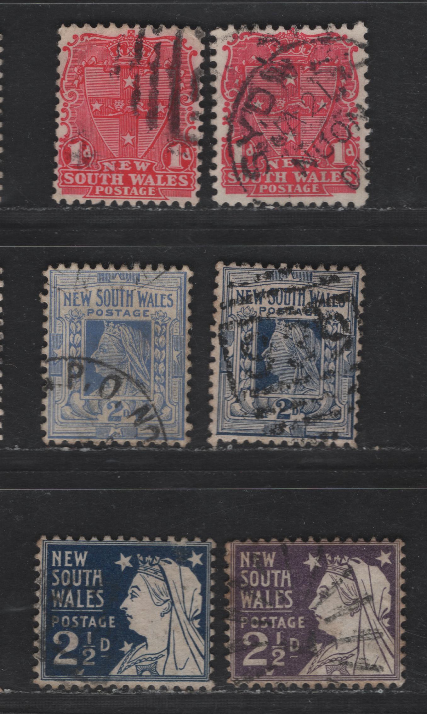 Lot 158 New South Wales SG#290b, 291b, 292b, 293b, 296b, 297n 1d - 2.5d Carmine & Salmon Red - PrussianBlue Arms - Queen Victoria, 1897-1899 Arms & Widows Weed Issue, 6 Very Fine Used Singles, Crown Over NSW Wmk, Perf 12, 2mm Gap Between Crown & NSW