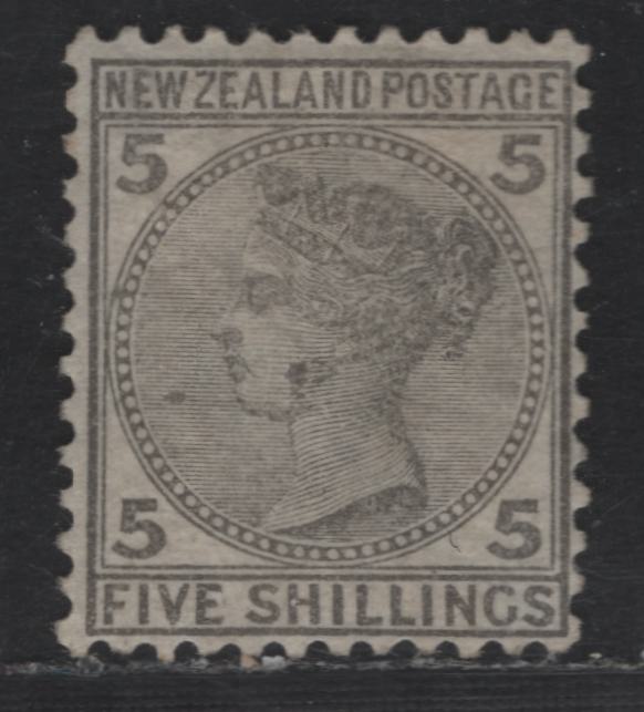 Lot 164 New Zealand SG#186 5/- Gray Queen Victoria, 1878-1882 First Queen Victoria Sideface Issue, A FOG Single, Perf 12x11.5, Star & NZ Wmk, Signed 'Soreni', Large Printing Flaw on Queen's Cheek